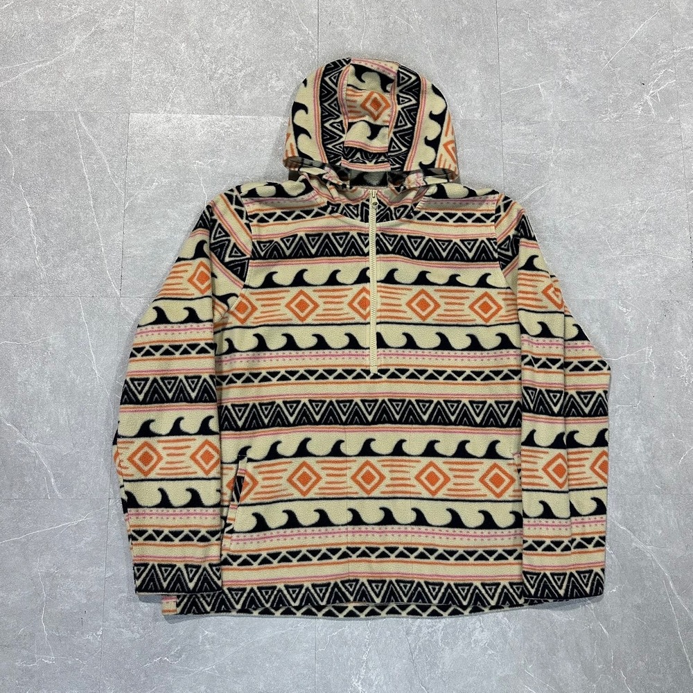ONeill Womens XL Fleece Hoodie Quarter Zip Geometric Wave Print Pullover Cream